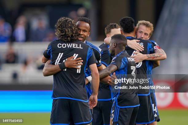 Jeremy Ebobisse of the San Jose Earthquakes celebrates scoring with Cade Cowell during a game between Philadelphia Union and San Jose Earthquakes at...