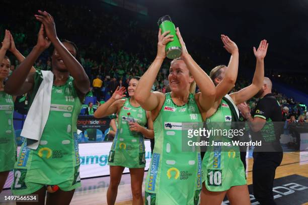 Jess Anstiss of the Fever acknoladges the crowd after their win during the round 13 Super Netball match between West Coast Fever and Giants Netball...