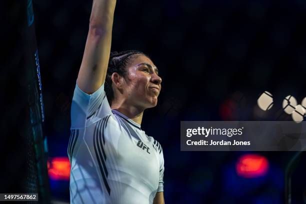 Irene Aldana salutes the crowd before her fight against Amanda Nunes during the UFC 289 event at Rogers Arena on June 10, 2023 in Vancouver, Canada.