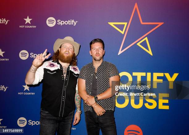 John Osborne and T.J. Osborne of Brothers Osborne visit Spotify House during CMA Fest 2023 - Day 3 at Ole Red on June 10, 2023 in Nashville,...