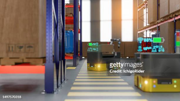 group of agv (automated guided vehicle) are sending data for communication with command center in smart warehouse during carry goods to production line. 3d illustration - automated guided vehicles stockfoto's en -beelden