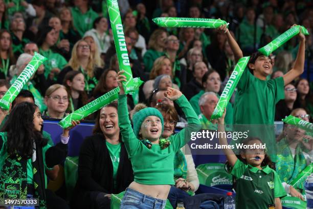 West Coast Fever fans show their support during the round 13 Super Netball match between West Coast Fever and Giants Netball at RAC Arena, on June 11...