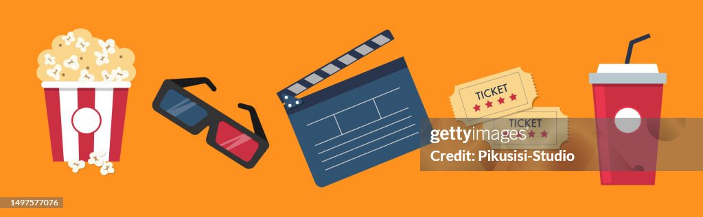 Cinema icons set. Popcorn box, 3d glasses, clapperboard, tickets and soda drink. Flat design style. Orange background.