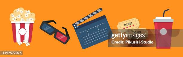 Cinema Icons Set Popcorn Box 3d Glasses Clapperboard Tickets And Soda Drink Flat Design Style Orange Background High-Res Vector Graphic