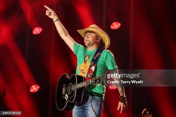 Jason Aldean performs on stage during day three of CMA Fest 2023 at Nissan Stadium on June 10, 2023 in Nashville, Tennessee.