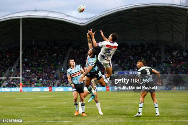 Xavier Coates of the Storm scores a try during the round 15 NRL match between Melbourne Storm and Cronulla Sharks at AAMI Park on June 11, 2023 in...