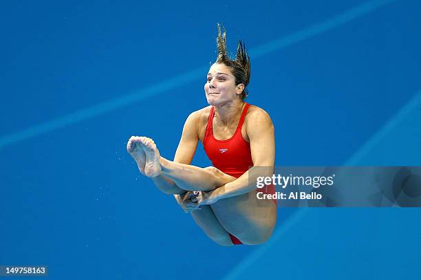 Juliana Veloso of Brazil competes in the Women's 3m Springboard Diving Preliminary Round on Day 7 of the London 2012 Olympic Games at the Aquatics...