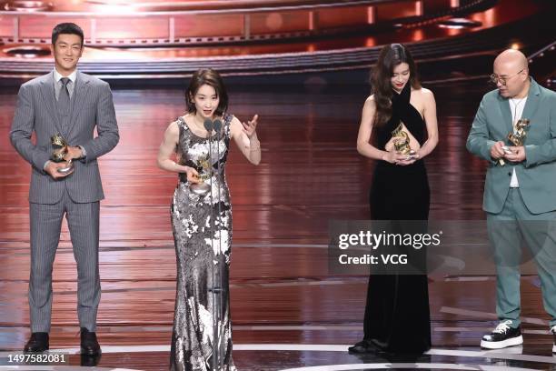 Actor Du Jiang, actress Cya Liu Ya-se, actress Janice Man and director Yi Xiaoxing stand on the stage during 2023 Weibo Movie Night on June 10, 2023...