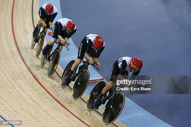 Edward Clancy, Geraint Thomas, Steven Burke and Peter Kennaugh of Great Britain compete in the Men's Team Pursuit Track Cycling final on Day 7 of the...