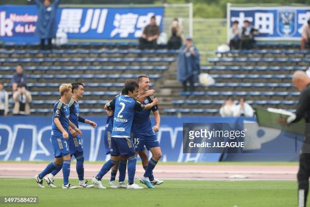 Of FC Machida Zelvia celebrates scoring his side's third goal during the J.LEAGUE Meiji Yasuda J2 20th Sec. Match between FC Machida Zelvia and...