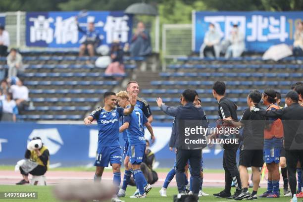 Of FC Machida Zelvia celebrates scoring his side's third goal during the J.LEAGUE Meiji Yasuda J2 20th Sec. Match between FC Machida Zelvia and...