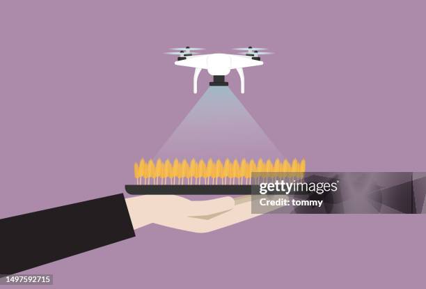 smart farmer uses agricultural technology - futuristic drones stock illustrations