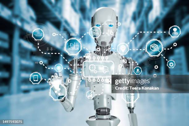 ai technology humanoid robot touch screen ui technology ai interface future warehouse export and import future robot technology - robot shop assistant stock pictures, royalty-free photos & images
