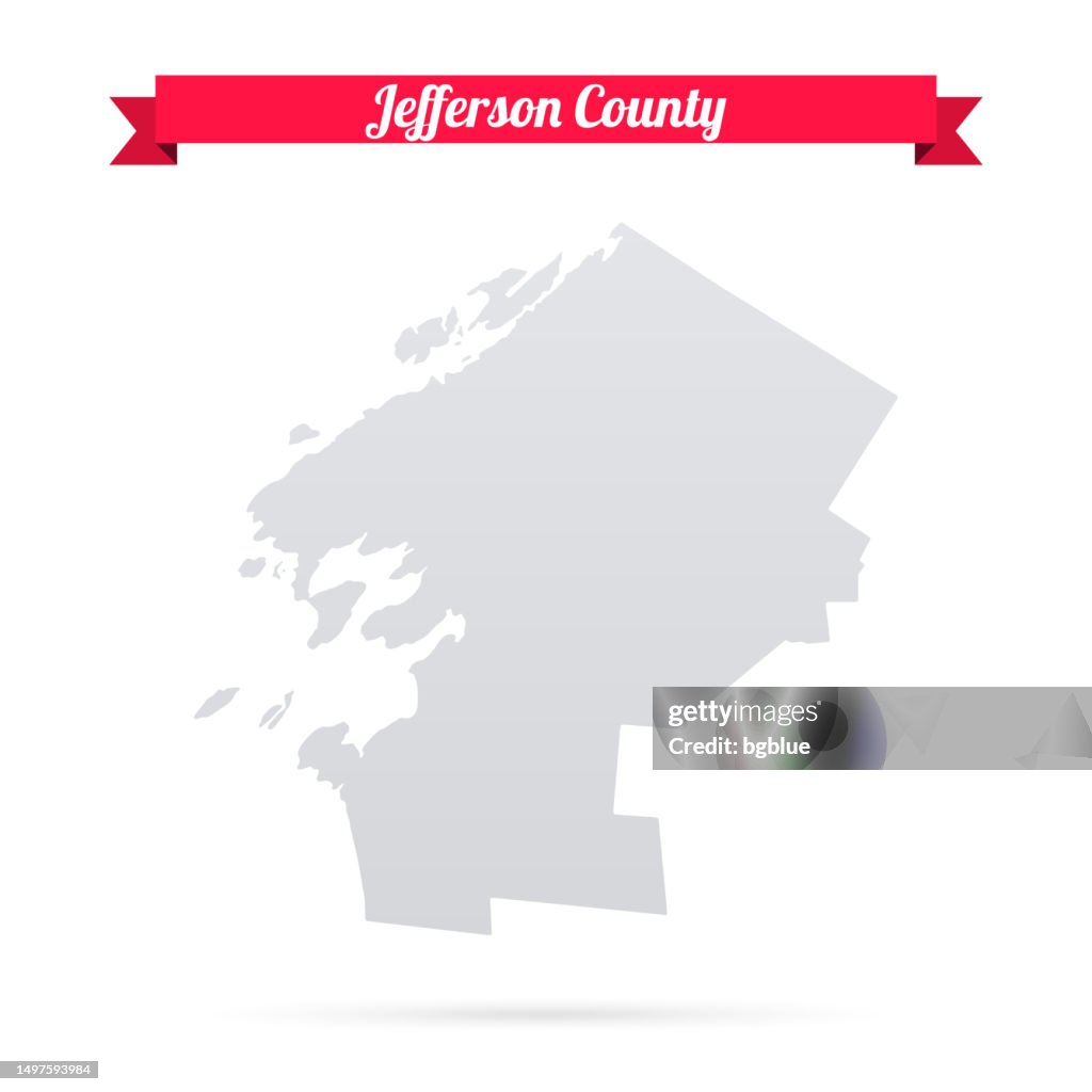 Jefferson County, New York. Map on white background with red banner