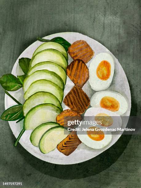 illustration of a plate with their avocado sliced, baked tuna slices, boiled eggs and basil. - tuna steak stock illustrations