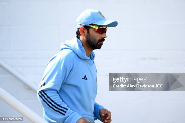 Ajinkya Rahane of India walks out for the warm up during day five of the ICC World Test Championship Final between Australia and India at The Oval on...