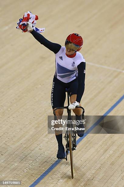 Victoria Pendleton of Great Britain celebrates winning gold in the Women's Keirin Track Cycling final on Day 7 of the London 2012 Olympic Games at...
