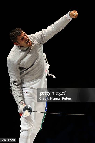 Aldo Montano of Italy reacts after winning the bronze medal by defeating Russia during the Men's Sabre Team Fencing on Day 7 of the London 2012...