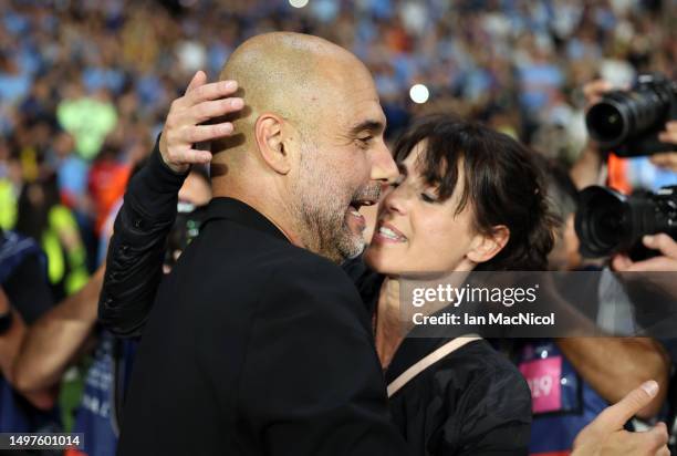 Manchester City manager Pep Guardiola’s kisses his wife Cristina Serra after winning the UEFA Champions League 2022/23 final match between FC...