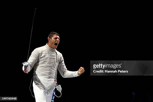 Aldo Montano of Italy reacts after winning the bronze medal by defeating Russia during the Men's Sabre Team Fencing on Day 7 of the London 2012...