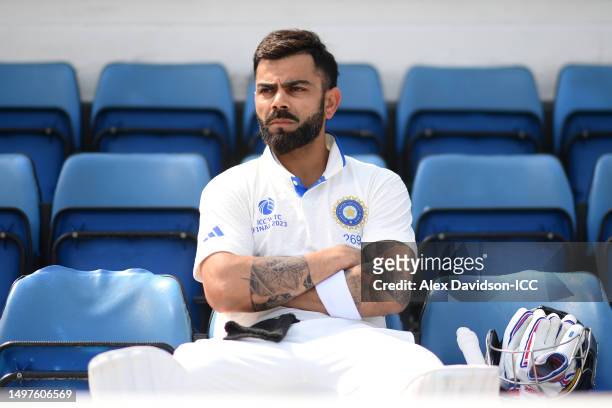Virat Kohli of India waits before batting during day five of the ICC World Test Championship Final between Australia and India at The Oval on June...