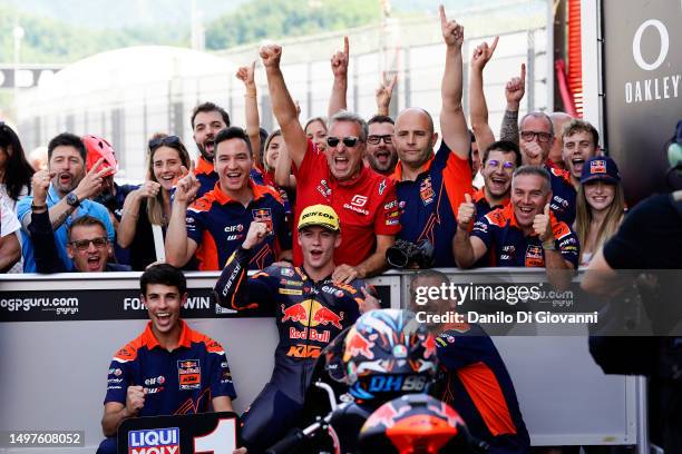 Daniel Holgado of Spain and Red Bull KTM Tech3 celebrates the victory of the Moto3 Race of MotoGP of Italy at Mugello Circuit on June 11, 2023 in...