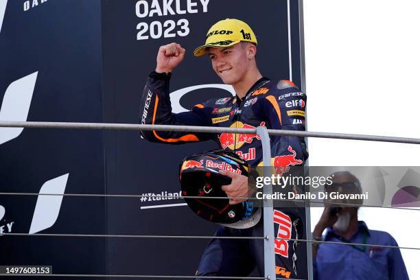 Daniel Holgado of Spain and Red Bull KTM Tech3 celebrates the victory of the Moto3 Race of MotoGP of Italy at Mugello Circuit on June 11, 2023 in...