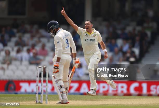 Scott Bolland of Australia celebrates after taking the wicket of Ravindra Jadeja of India during day five of the ICC World Test Championship Final...