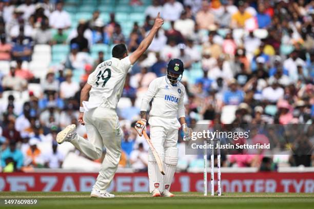 Ravindra Jadeja of India reacts after being dismissed by Scott Boland of Australia during day five of the ICC World Test Championship Final between...