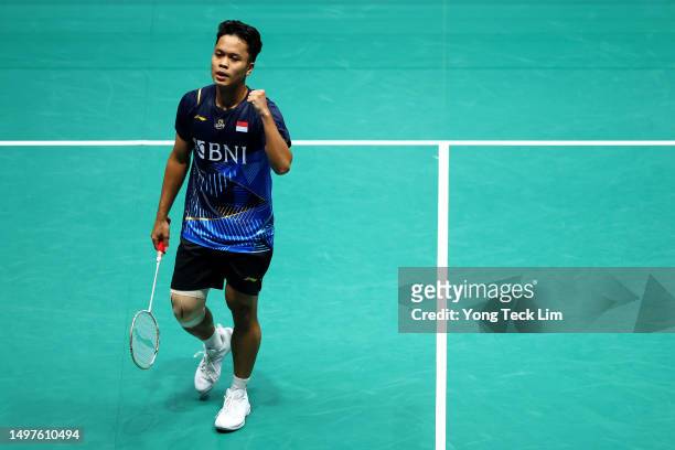 Anthony Sinisuka Ginting of Indonesia celebrates match point against Anders Antonsen of Denmark during their men's singles final match on day six of...
