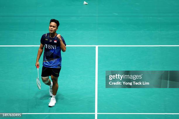 Anthony Sinisuka Ginting of Indonesia celebrates match point against Anders Antonsen of Denmark during their men's singles final match on day six of...