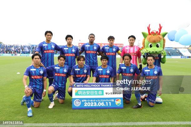 Mito Hollyhock players line up for the team photos prior to during the J.LEAGUE Meiji Yasuda J2 20th Sec. Match between Mito Hollyhock and JEF United...