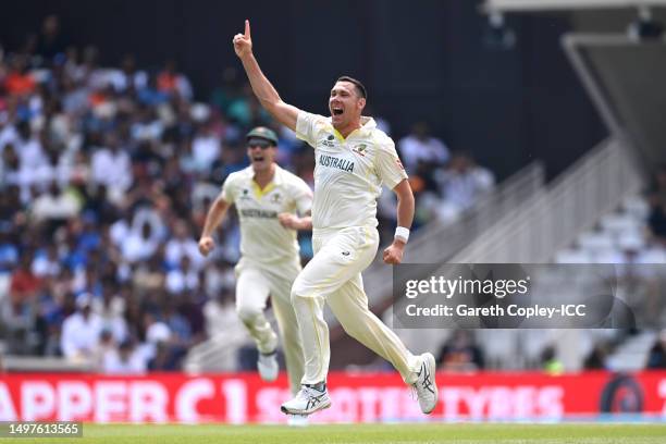 Scott Boland of Australia celebrates the wicket of Ravindra Jadeja of India during day five of the ICC World Test Championship Final between...