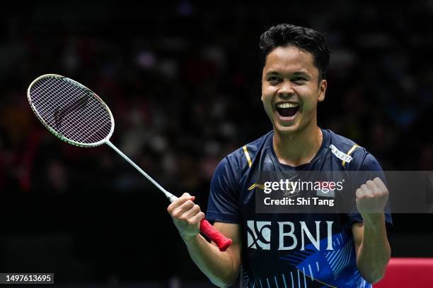 Anthony Sinisuka Ginting of Indonesia celebrates the victory in the Men's Single Final match against Anders Antonsen of Denmark on day six of the...