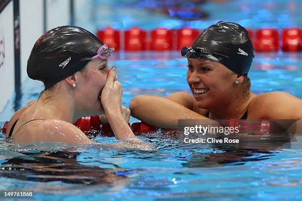 Missy Franklin celebrates winning the Women's 200m Backstroke Final with team mate Elizabeth Beisel on Day 7 of the London 2012 Olympic Games at the...