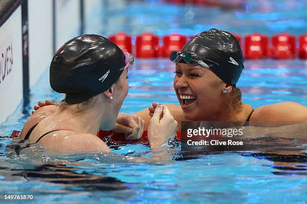 Missy Franklin celebrates winning the Women's 200m Backstroke Final with team mate Elizabeth Beisel on Day 7 of the London 2012 Olympic Games at the...