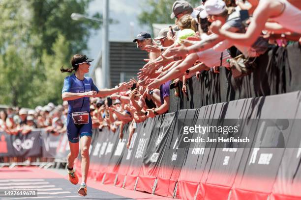 Ashleigh Gentle of Australia crosses the finish line second placed during the IRONMAN 70.3 Switzerland on June 11, 2023 in Rapperswil, Switzerland.