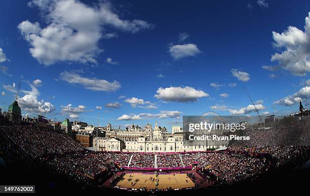 General view during the Beach Volleyball Round of 16 matches on Day 7 of the London 2012 Olympic Games at Horse Guards Parade on August 3, 2012 in...
