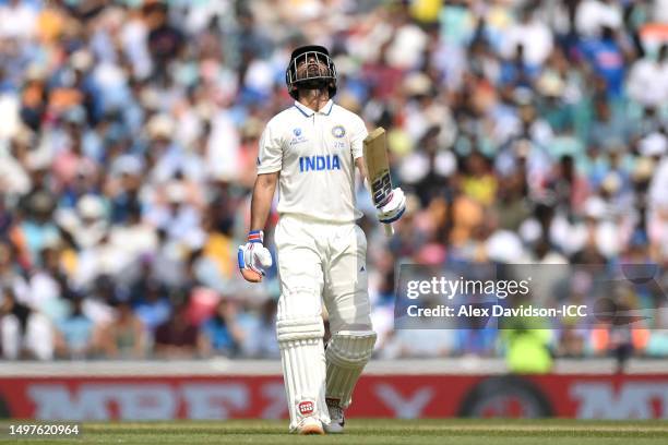 Ajinkya Rahane of India walks off after being dismissed by Mitchell Starc of Australia during day five of the ICC World Test Championship Final...