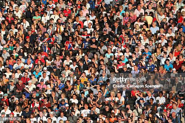 Spectators on Day 7 of the London 2012 Olympic Games at Olympic Stadium on August 3, 2012 in London, England.
