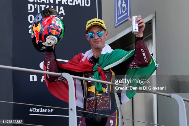 Tony Arbolino of Italy and ELF Marc VDS Racing Team celebrates the second place of Moto2 Race of MotoGP of Italy at Mugello Circuit on June 11, 2023...