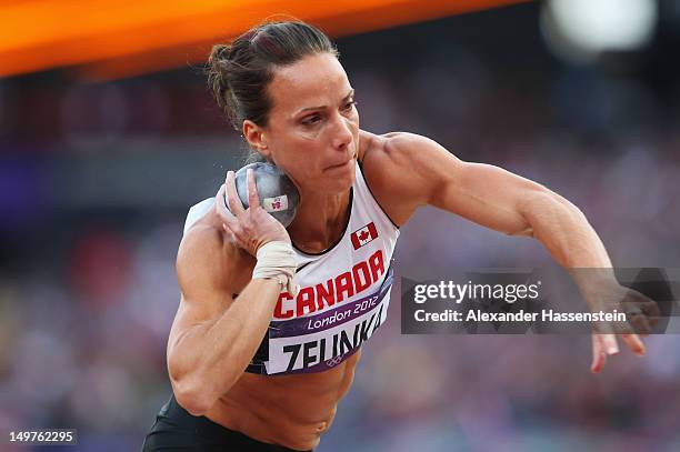 Jessica Zelinka of Canada competes in the Women's Heptathlon Shot Put on Day 7 of the London 2012 Olympic Games at Olympic Stadium on August 3, 2012...