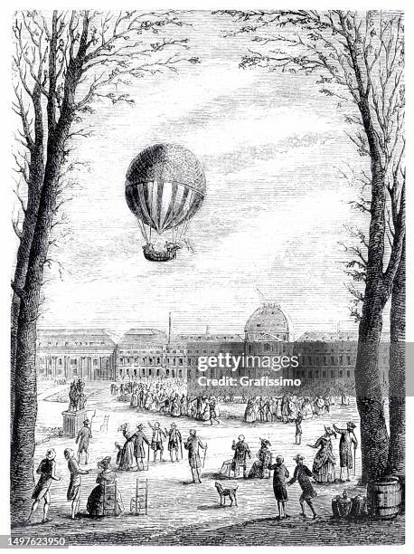 hot air balloon of charles and the robert brothers  departure from the jardin des tuileries paris 1783 - jardin des tuileries stock illustrations