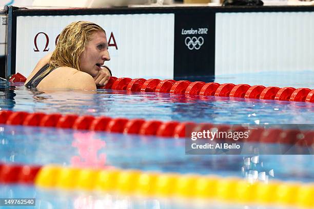 Rebecca Adlington of Great Britain reacts after finishing third in the Women's 800m Freestyle Final on Day 7 of the London 2012 Olympic Games at the...