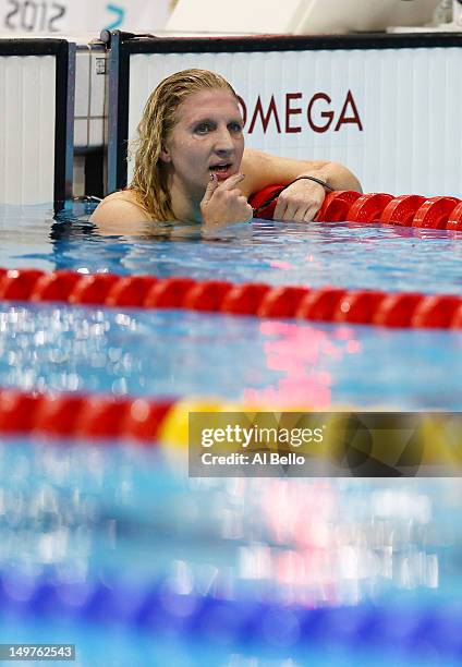 Rebecca Adlington of Great Britain reacts after finishing third in the Women's 800m Freestyle Final on Day 7 of the London 2012 Olympic Games at the...