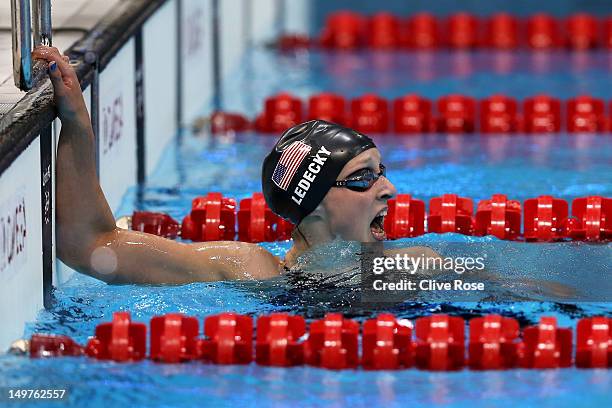 Katie Ledecky of the United States reacts after winning the Women's 800m Freestyle Final on Day 7 of the London 2012 Olympic Games at the Aquatics...