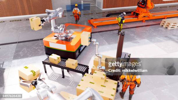 warehouse workers use automated guided vehicles for moving crates - automated guided vehicles stockfoto's en -beelden