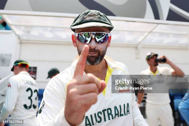 Nathan Lyon of Australia celebrates winning the ICC World Test Championship on day five of the ICC World Test Championship Final between Australia...