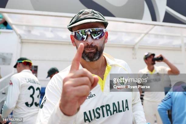 Nathan Lyon of Australia celebrates winning the ICC World Test Championship on day five of the ICC World Test Championship Final between Australia...