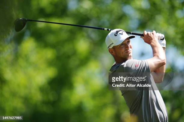 Alex Noren of Sweden tees off on the eleventh hole during Day Four of the Volvo Car Scandinavian Mixed at Ullna Golf & Country Club on June 11, 2023...